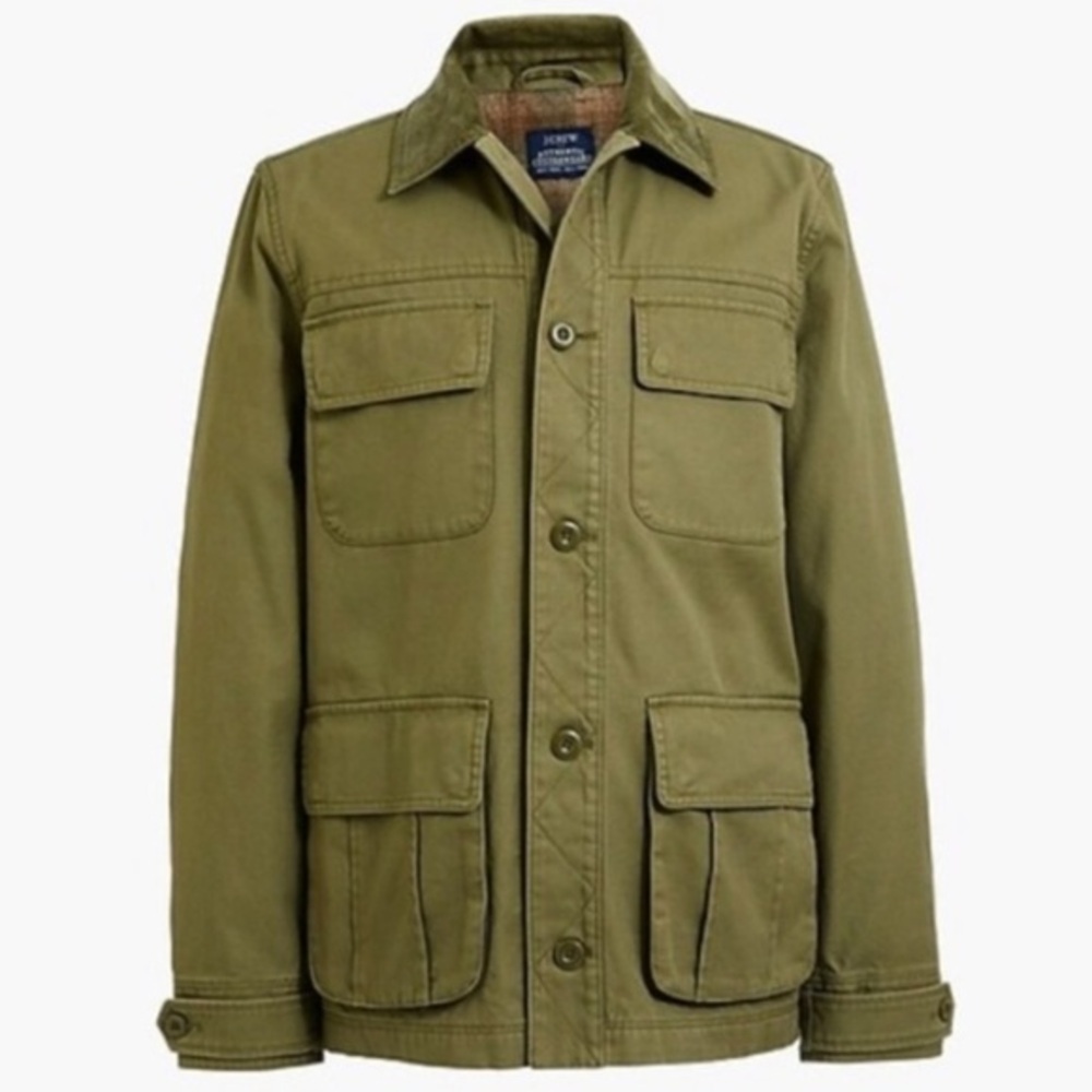 J. CREW CHORE COAT FLANNEL LINED OLIVE GREEN SIZE XL